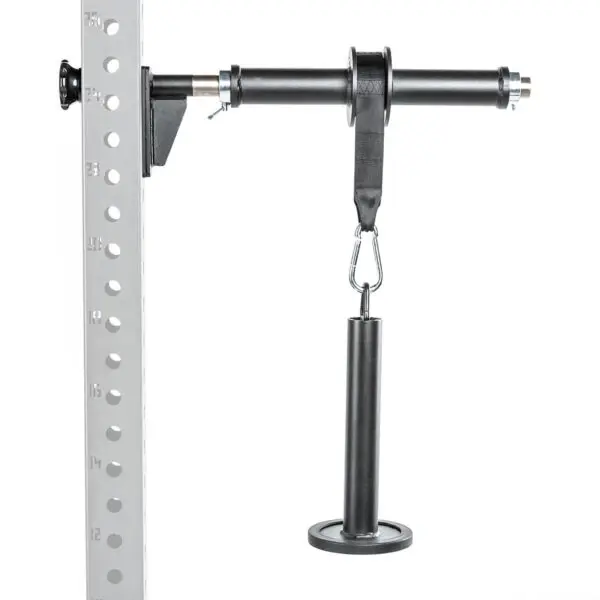 The ATX® Forearm Training Set includes a wall-mounted gym pulley system with a black cylindrical handle and plate holder, attached to a perforated metal rack, ideal for strength training exercises.