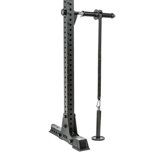 The ATX® Forearm Training Set is a black fitness pulley system featuring adjustable height settings and a single handle attachment, ideal for strength training exercises. It includes a sturdy base with foot supports for enhanced stability.