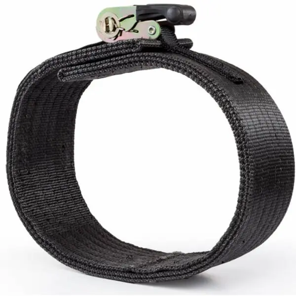 The Spud Inc Pro Strongman Belt is coiled in a circular shape with its metal buckle at the top. The buckle has a locking mechanism, and the belt is made of durable, woven material.