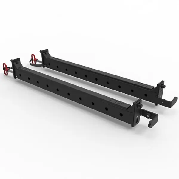 Two ATX® Flip Down Spotters 8/110, black metal rail brackets with multiple holes and red hooks, used for mounting or support. They are positioned side by side on a plain white background.