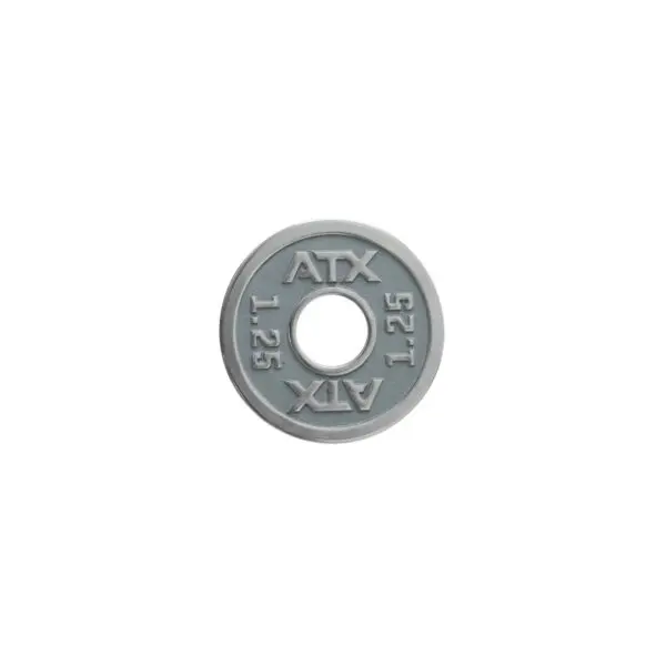 A small ATX® Powerlifting Metal Plate, gray and calibrated, with ATX and 1.25 kg engraved on its surface, features a central circular hole for precise training setups.