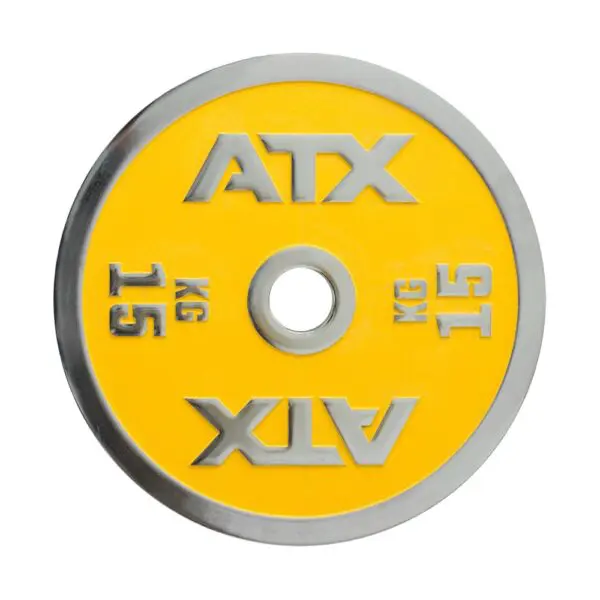 The ATX® Powerlifting Metal Plates in yellow, weighing 15 kg, feature ATX in silver and are designed as calibrated metal plates. They have a sleek silver rim and a central hole ideal for use with barbells.