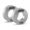 A pair of silver ATX® Olympic Fractional Plate Pairs, each marked 1 KG, stands upright against a white background.