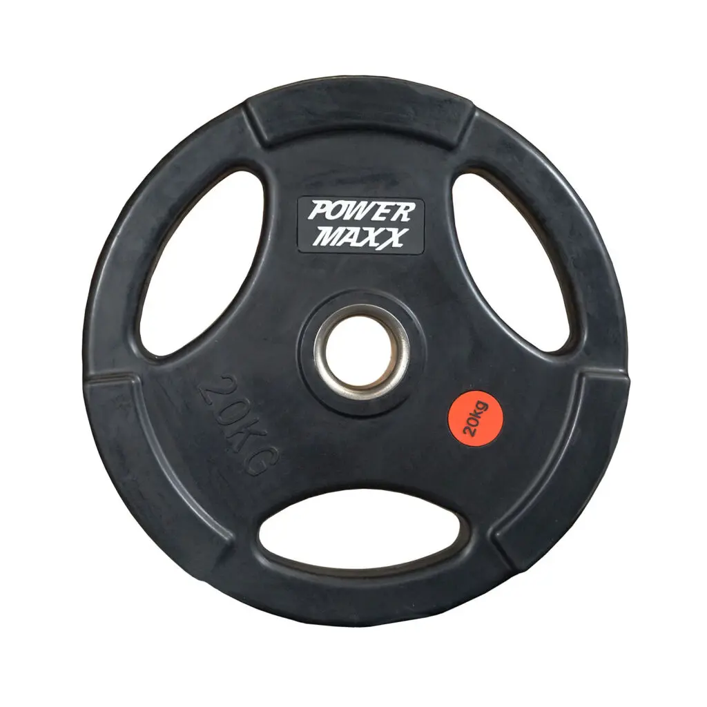 A black Power Maxx Olympic Plate weighing 20 kg features three grip holes, Power Maxx branding, and a red sticker indicating the weight.