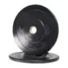 Two Black Olympic Bumper Weight Plates, each marked with 5 KG, are pictured; one leans against the other, which is lying flat.