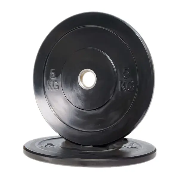 Two Black Olympic Bumper Weight Plates, each marked with 5 KG, are pictured; one leans against the other, which is lying flat.