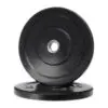 Two Black Olympic Bumper Weight Plates (10 kg), one upright and the other flat, set against a white background.