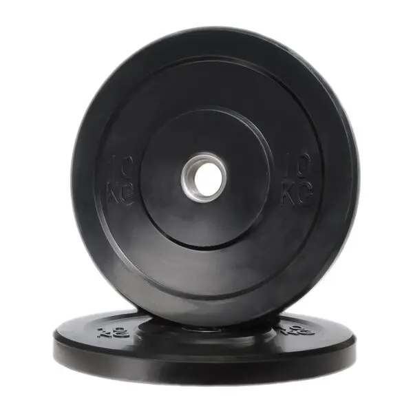 Two Black Olympic Bumper Weight Plates (10 kg), one upright and the other flat, set against a white background.