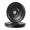 Two Black Olympic Bumper Weight Plates (15kg each) are displayed: one stands upright, while the other lies flat on the ground.