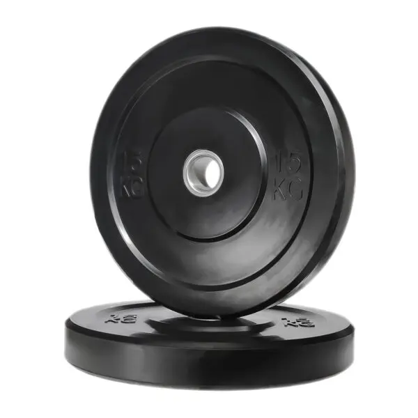 Two Black Olympic Bumper Weight Plates (15kg each) are displayed: one stands upright, while the other lies flat on the ground.