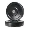 Two large Black Olympic Bumper Weight Plates are shown, each with 25 KG. One is upright, the other flat, both featuring a small central hole for a barbell.