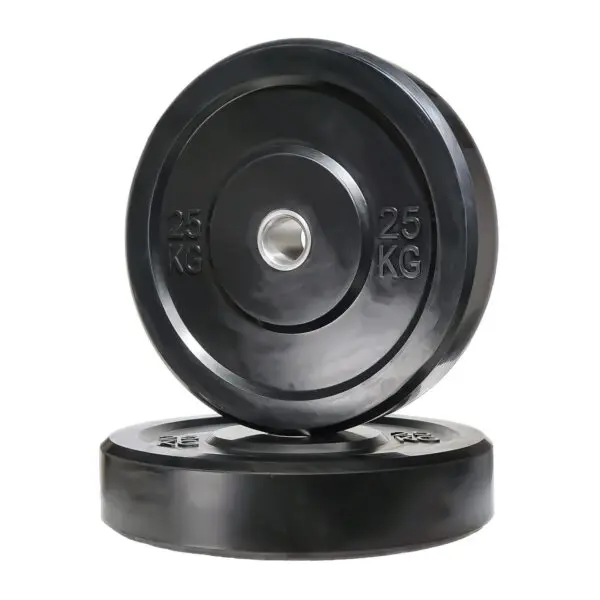 Two large Black Olympic Bumper Weight Plates are shown, each with 25 KG. One is upright, the other flat, both featuring a small central hole for a barbell.