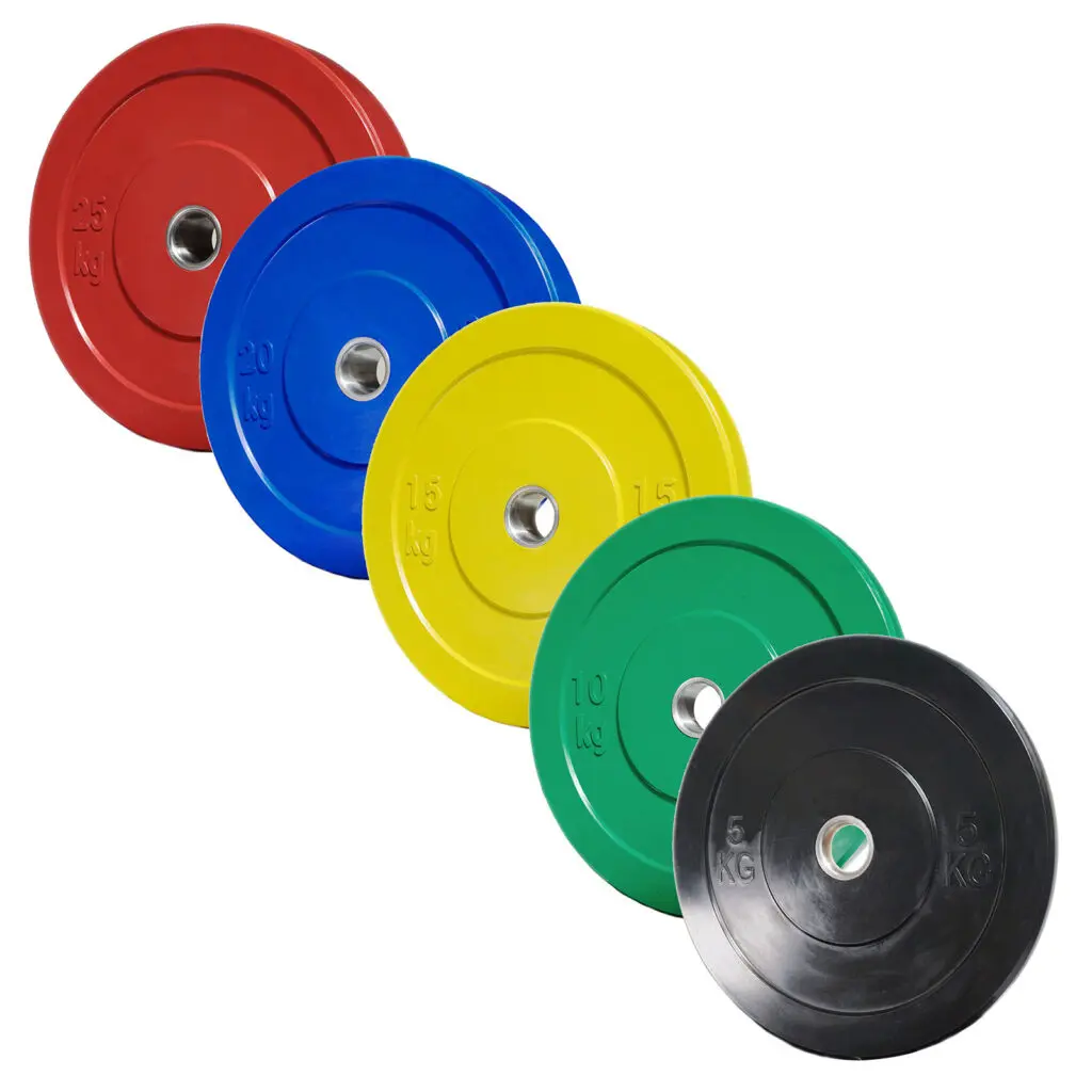 A vertical display features five Coloured Olympic Bumper Weight Plates with central barbell holes: red (25 kg), blue (20 kg), yellow (15 kg), green (10 kg), and black (5 kg).