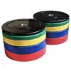 Two stacks of Coloured Olympic Bumper Weight Plates, ranging from 5kg to 25kg, in red, blue, yellow, green, and black for weightlifting and gym use on a white background.