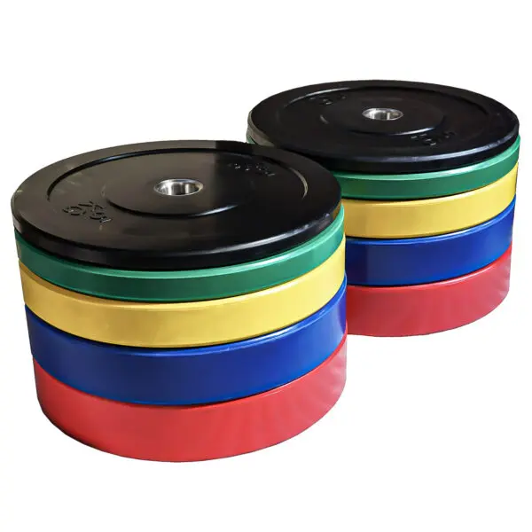 Two stacks of Coloured Olympic Bumper Weight Plates, ranging from 5kg to 25kg, in red, blue, yellow, green, and black for weightlifting and gym use on a white background.