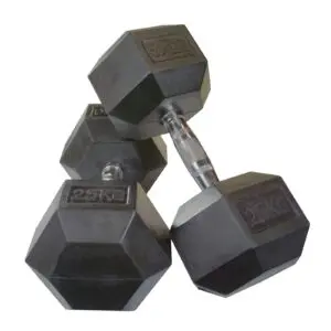Three black hexagonal dumbbells with metal handles, each labeled 25KG, are stacked together on a white background.