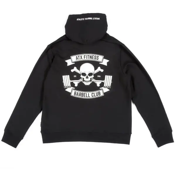 ATX® Black Hoodie features a back design with a skull, crossed bones, and barbells. Text reads ATX Fitness Barbell Club with Athletic Training Xtreme on the sleeves.