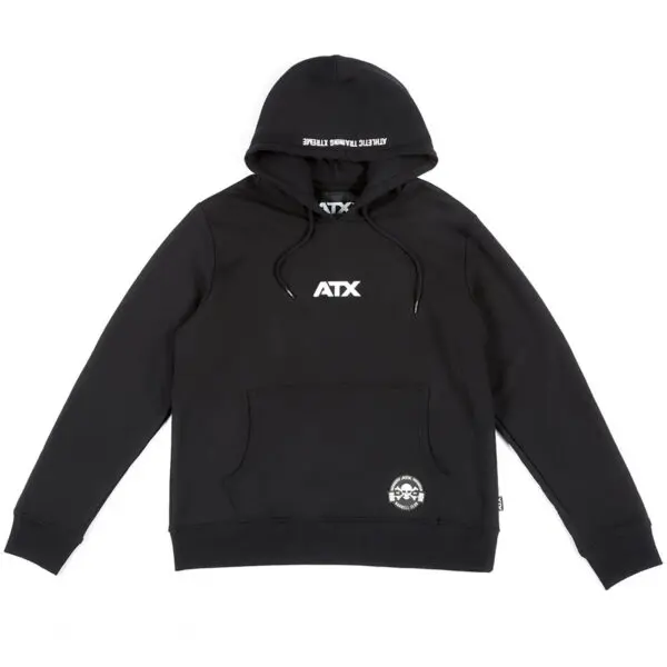 The ATX® Black Hoodie features ATX on the front center, Imperial Universal Cultivator on the hood, a front pocket, and a small skull graphic near the lower right hem.