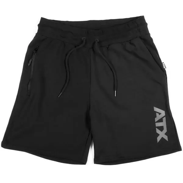 ATX® Black Shorts with an elastic waistband, drawstring, zippered side pockets, and AXX in light gray on one leg.
