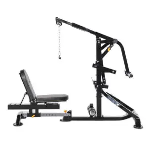 The Powertec Compact LeverGym offers a sleek black and silver design, featuring a bench for seated exercises, a versatile pulley system, and an adjustable incline. Ideal for weight training and strength exercises, this home gym machine blends efficiency with style.