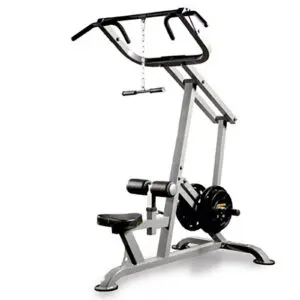 The Powertec Leverage Lat Pulldown machine features a gray seat, padded bench, foot rollers, and a pull-down bar connected to adjustable weight plates. Its sturdy frame includes a black grip handle designed for effective exercise sessions.