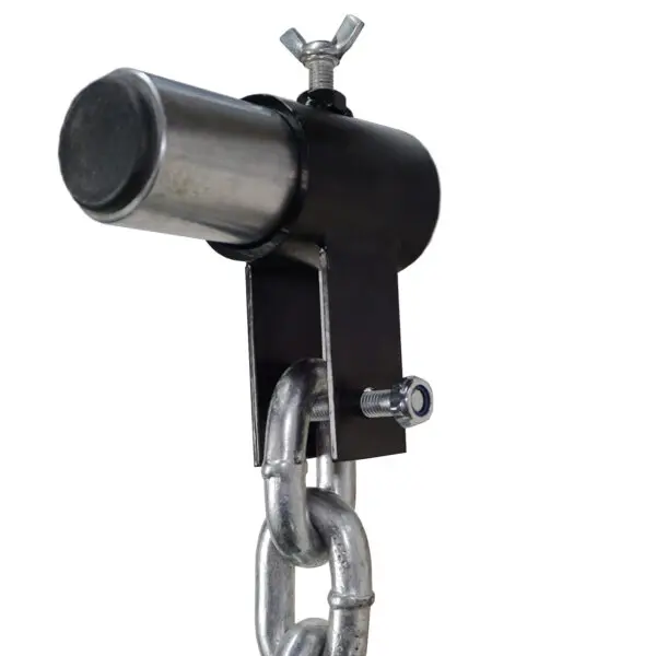 Close-up of the Barbell Chain Set with Olympic Collar 12kg - 60kg showing a heavy-duty metal chain attached to a sturdy black bracket, featuring a cylindrical silver component at the top. A bolt and nut secure it, with a visible wing nut on top.