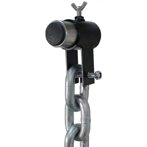 Close-up of a Barbell Chain Set with Olympic Collar (12kg - 60kg) connected to a black cylindrical fixture using a wing nut. A bolt secures the chain link to the fixture against a plain white background.