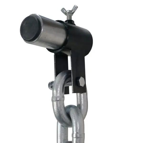 Close-up image of the Barbell Chain Set with Olympic Collar 12kg - 60kg, featuring a metallic chain connected to a cylindrical metal fitting and wingnut, secured to a sturdy bracket with a bolt against a plain white background.