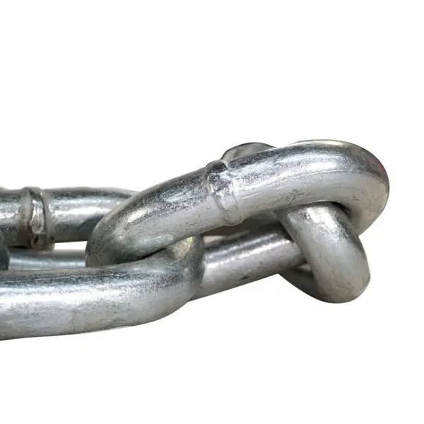 Close-up of the Barbell Chain Set with Olympic Collar (12kg-60kg). The thick, metallic links appear sturdy and shiny, interconnected with a smooth surface and slight reflections that suggest a polished finish. The plain background enhances the chains durable appearance.