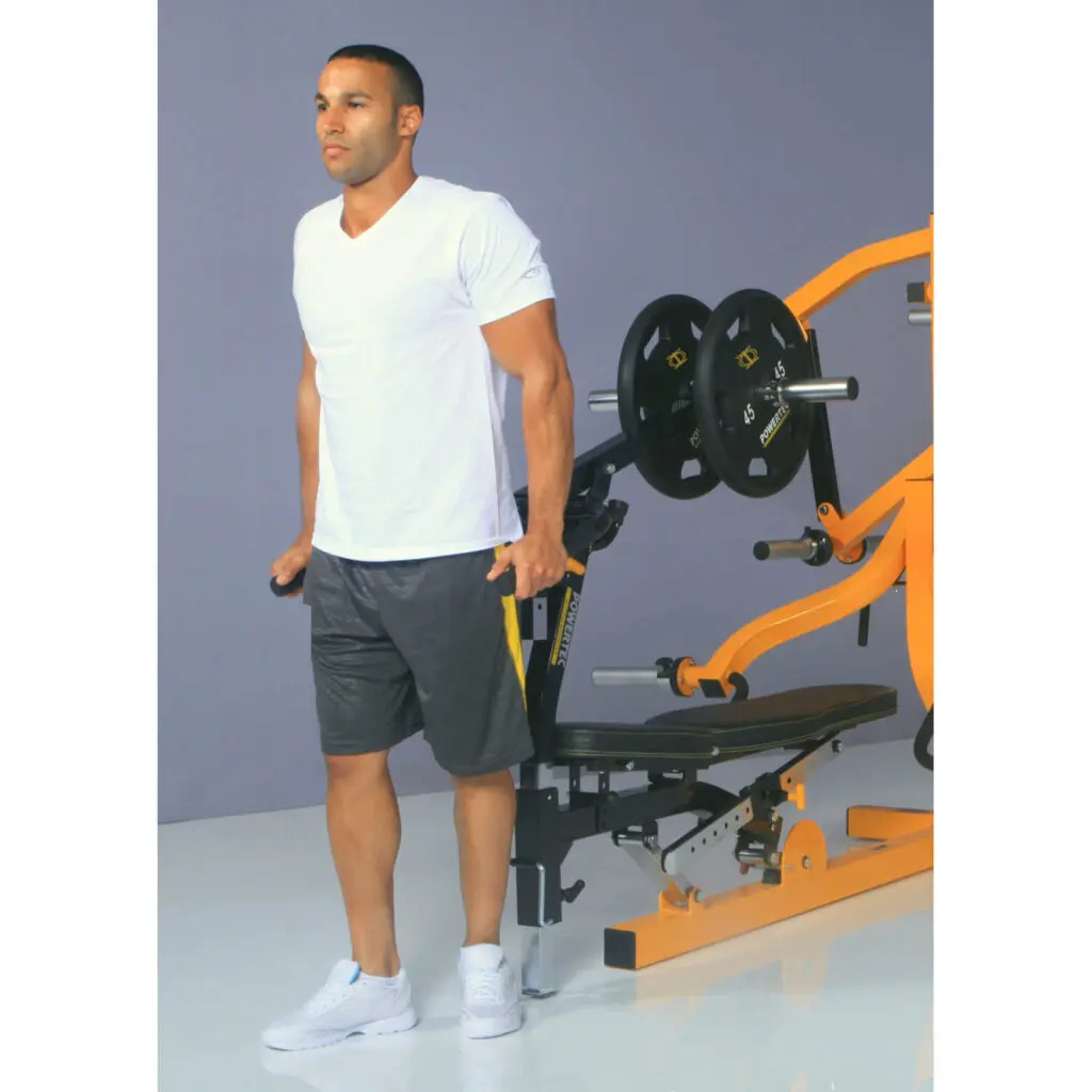 Man doing dips on Powertec Multi System with dip accessory