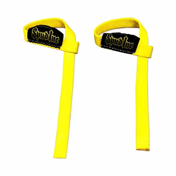 Spud 1 Wrist Straps: Yellow weightlifting straps with black patches and yellow text, designed as looped wrist supports for lifting exercises.