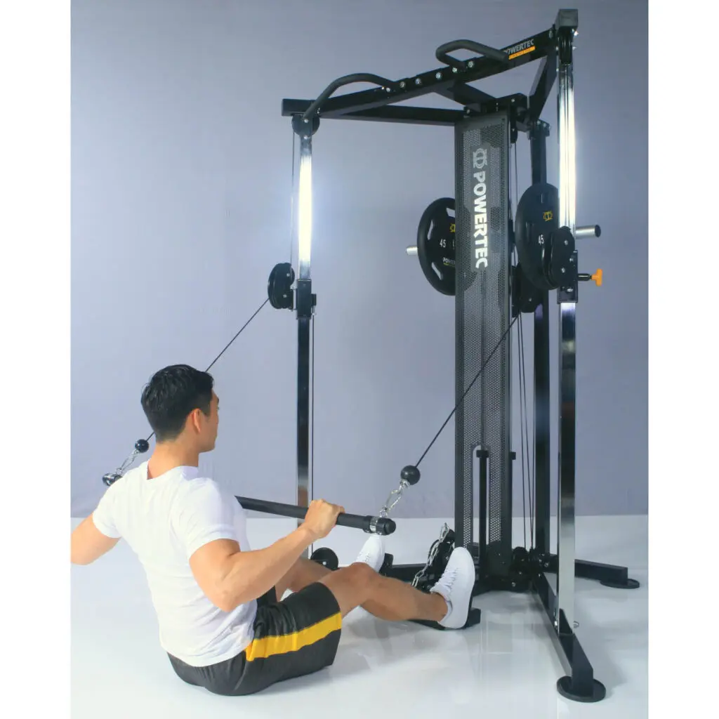 A man doing seated lat pulldowns on a functional trainer