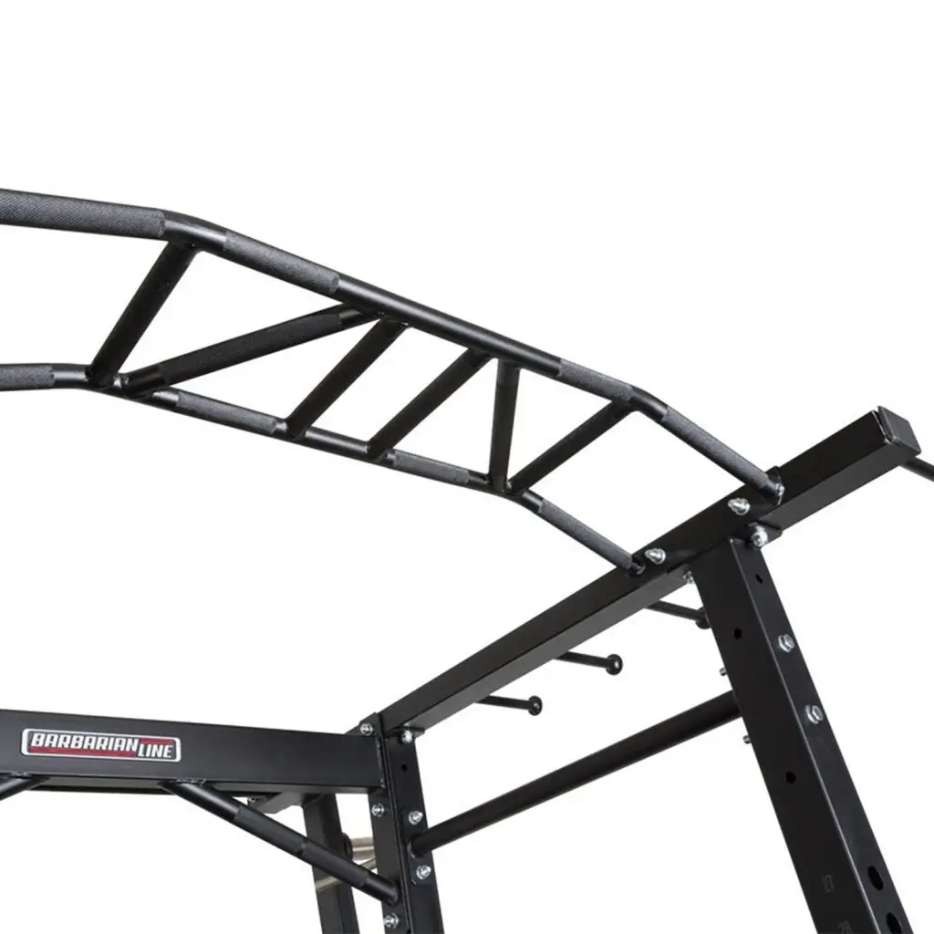 Close-up of a black metal pull-up bar attached to the sturdy frame of a PRO Commercial Power Rack. The bar features multiple grips for varied exercises, and the frame proudly displays the Barbarian Line logo.