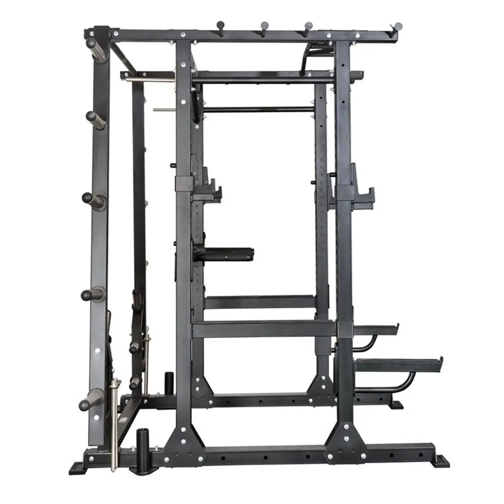 The PRO Commercial Power Rack is a sleek black metal structure with multiple attachments for strength training, including weight holders, pull-up bars, and safety catches. This power rack is expertly designed for exercises like squats, bench presses, and pull-ups.