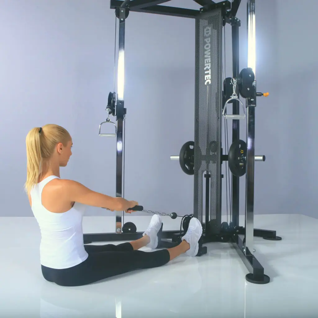 Woman doing seated rows on a functional trainer