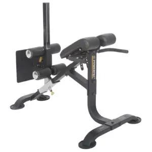 The Powertec Hyperextension is a sleek black bench designed for back and abdominal exercises, featuring padded rollers, a cushioned platform, and a sturdy steel frame for ultimate support and stability.