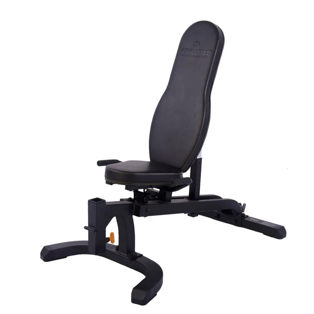 The Powertec Utility Bench is a black adjustable weight bench, featuring a cushioned seat and backrest on a robust metal frame. With its reclining feature, it suits various exercises, all showcased against a plain white background.