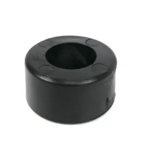 The Gym Rubber Stopper, 32 mm thick, is a smooth and shiny black cylindrical rubber grommet with a hollow center, designed to serve as a spacer or protective seal.