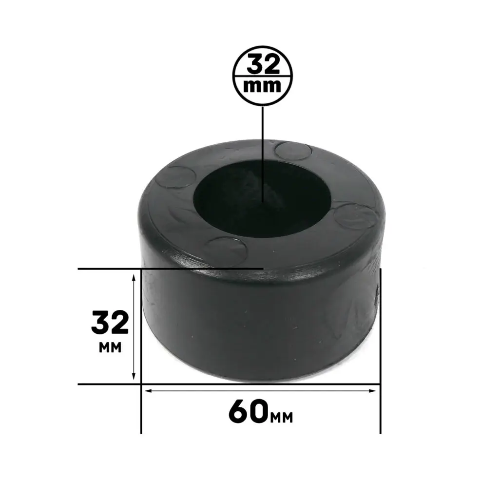 The Gym Rubber Stopper is a black cylindrical object with a height of 32 mm, an outer diameter of 60 mm, and an inner diameter of 32 mm. The image shows dimension labels in black text on a white background.