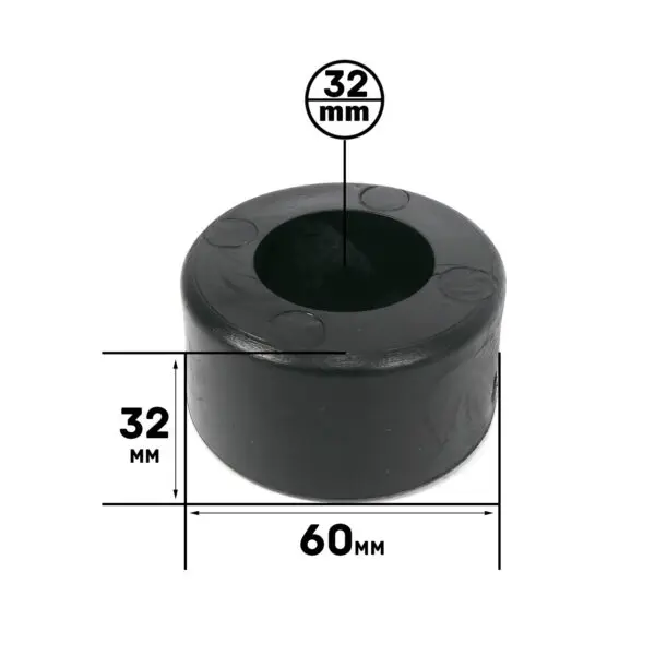 The Gym Rubber Stopper is a black cylindrical object with a height of 32 mm, an outer diameter of 60 mm, and an inner diameter of 32 mm. The image shows dimension labels in black text on a white background.