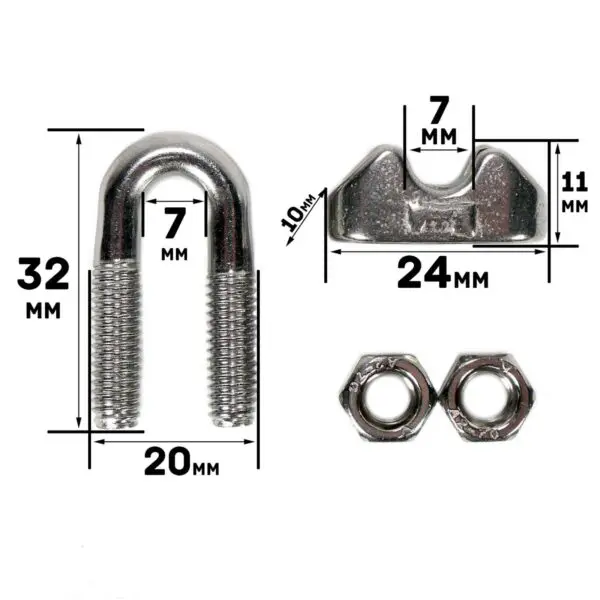 Image of metal Gym Cable Clamp with dimensions labeled. U-bolt: 32mm height, 20mm width, 7mm diameter. Plate: 24mm length, 7mm hole spacing, 11mm height. Includes two nuts.