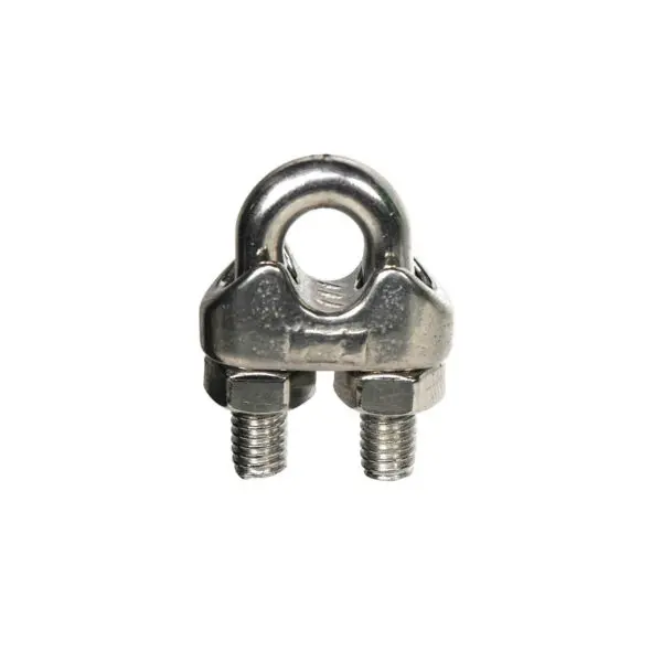 The Gym Cable Clamp is a metal wire rope clip featuring two bolts and a U-shaped clamp, designed to secure the ends of a wire rope.