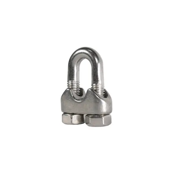 The Gym Cable Clamp is a shiny, reflective stainless steel wire rope clip with a U-bolt, saddle, and two hex nuts, ideal for securing loops in wire rope.