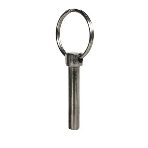 The Locking Pin M6 is a sleek, silver cylindrical quick-release pin with a smooth surface for easy handling, attached to a circular metal key ring.