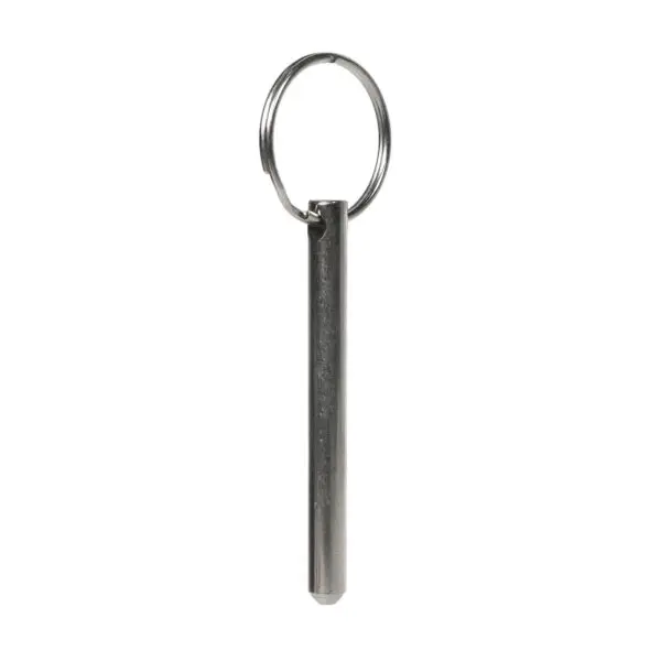 The Locking Pin M6 is a polished, compact, silver cylindrical metal keychain tool with a top ring, designed as a self-defense kubaton for easy carrying.