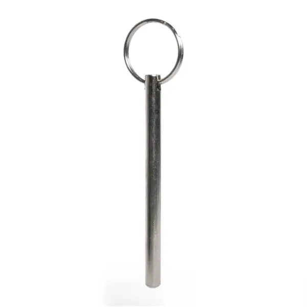 The Locking Pin M6 is a sleek, silver metal keychain with a long cylindrical design and a simple loop for attaching keys. Its shiny surface and minimalistic style stand out against the plain white background.