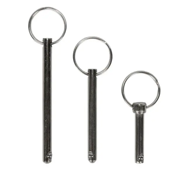 Three Locking Pin M6 quick release pins of varying lengths with attached circular rings, arranged vertically on a white background.