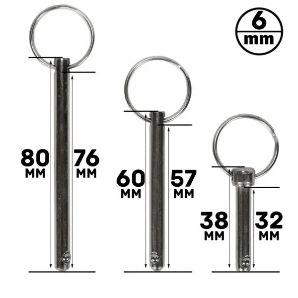 Three Locking Pin M6 with rings are shown in varying sizes. Left: 80mm length, 6mm diameter. Center: 60mm length, 6mm diameter. Right: 38mm length, 6mm diameter. Measurements are in millimeters.