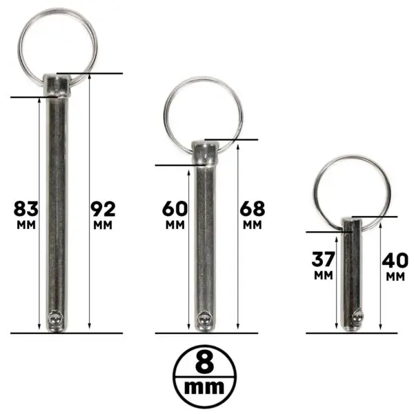 Three Locking Pin M8 detent pins with circular rings are displayed vertically. Their lengths are 92mm, 68mm, and 40mm, with each pin having a diameter of 8mm.
