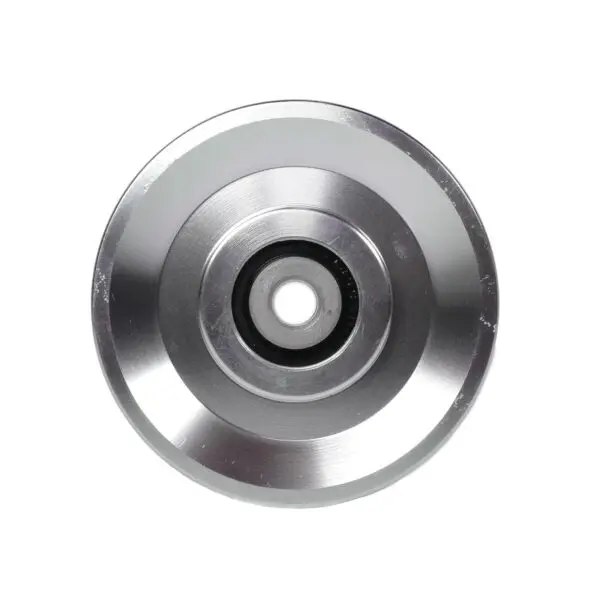 The 90mm Aluminium Pulley showcases a smooth, circular design with a central mounting hole. Its polished finish reflects light, exhibiting subtle gray and silver tones.